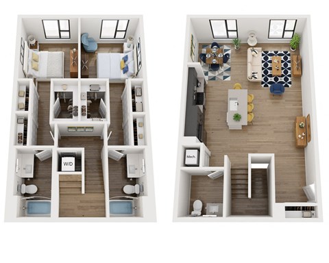Floor plan for 2 beds, 2.5 baths, 1604 sqft