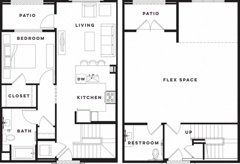 Floor plan for 1 bed, 1.5 baths, 1505 sqft