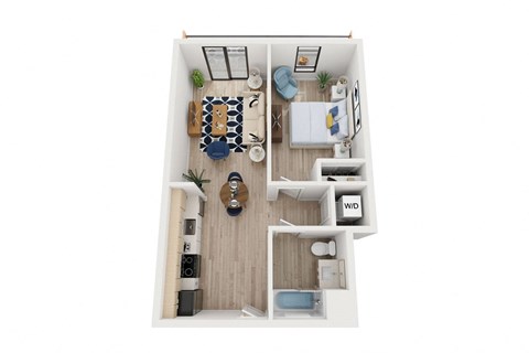 Floor plan for 1 bed, 1 bath, 651 sqft
