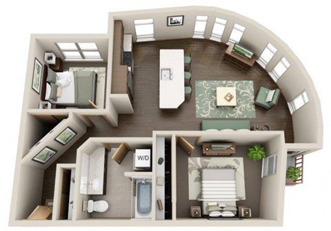 Floor plan for 2 beds, 2 baths, 1005 sqft