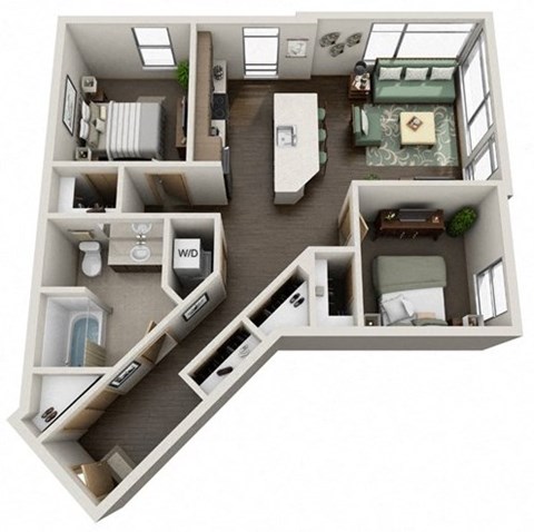 Floor plan for 2 beds, 1 bath, 912 sqft