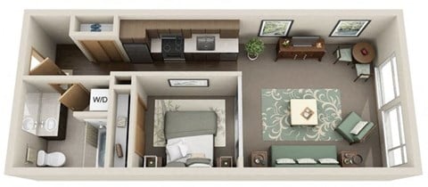 Floor plan for 1 bed, 1 bath, 585 sqft