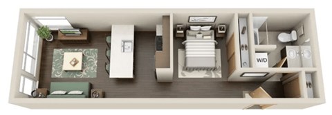 Floor plan for 1 bed, 1 bath, 651 sqft