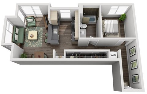 Floor plan for 1 bed, 1 bath, 745 sqft