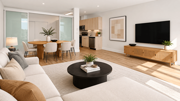 Seattle apartment for rent - A modern living room with a black coffee table in the center.