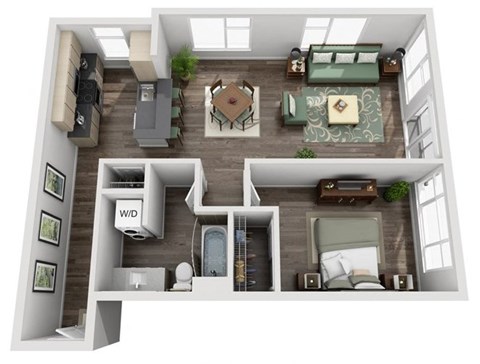 Floor plan for 1 bed, 1 bath, 647 sqft