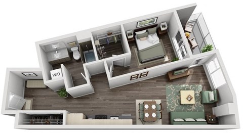 Floor plan for 1 bed, 1 bath, 1052 sqft