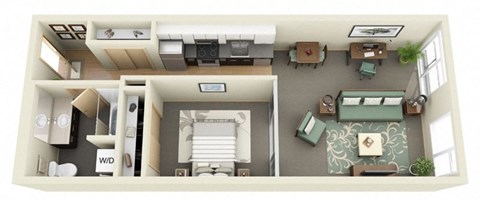 Floor plan for 1 bed, 1 bath, 590 sqft
