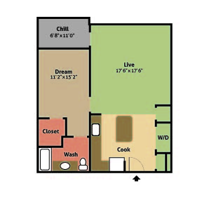 Floor plan for 1 bed, 1 bath, 945 sqft
