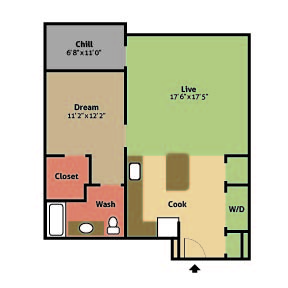 Floor plan for 1 bed, 1 bath, 877 sqft