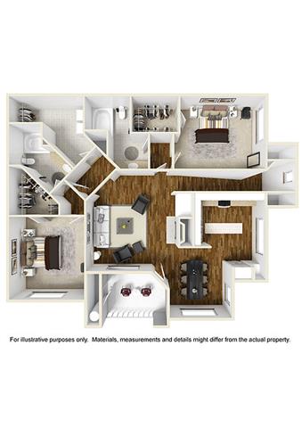 Floor plan for 2 beds, 2 baths, 1300 sqft