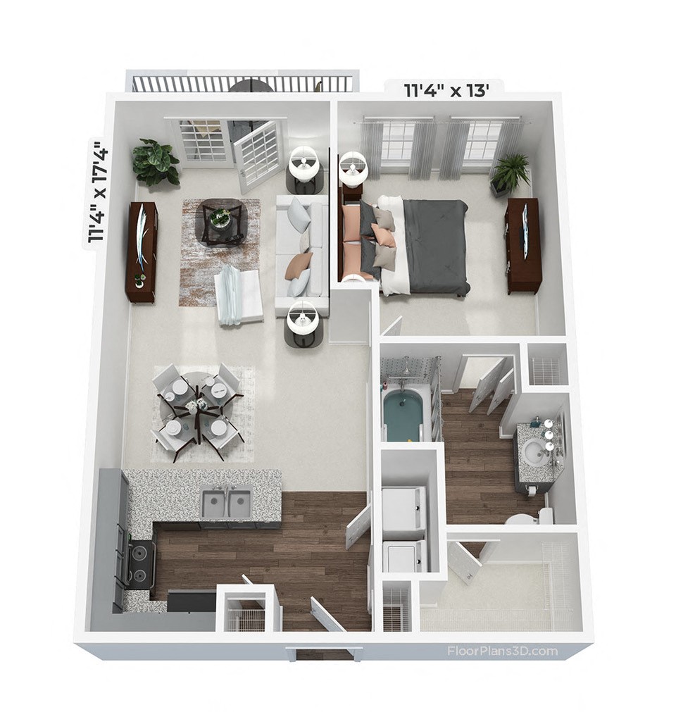 Floor plan for 1 bed, 1 bath, 744 sqft