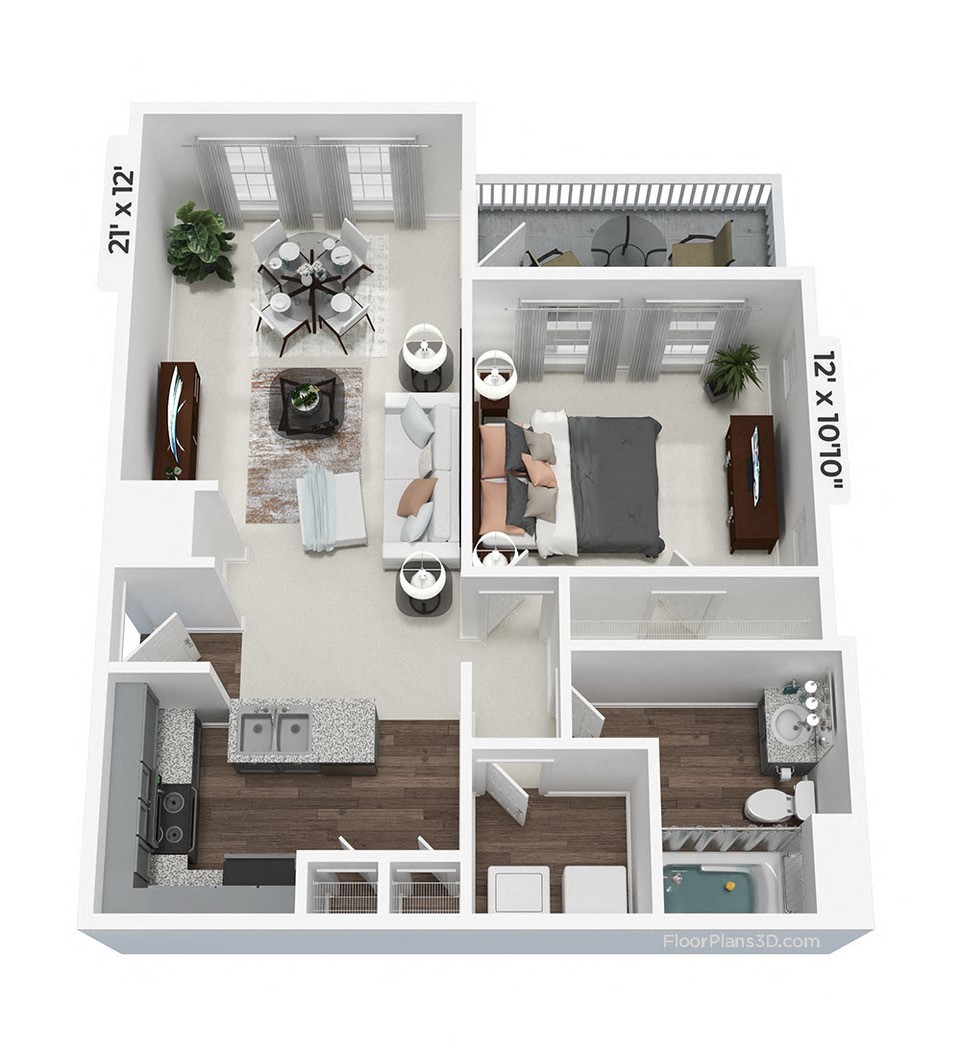 Floor plan for 1 bed, 1 bath, 847 sqft