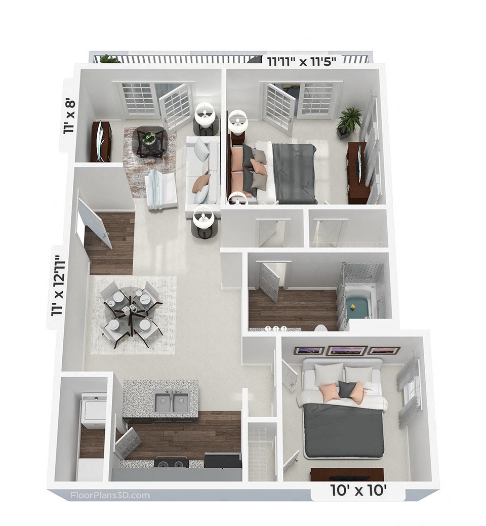 Floor plan for 2 beds, 1 bath, 941 sqft