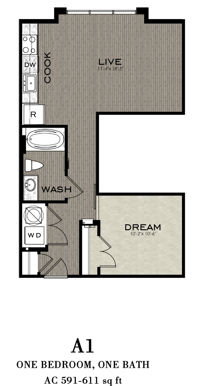 Floor plan for 1 bed, 1 bath, 591 sqft