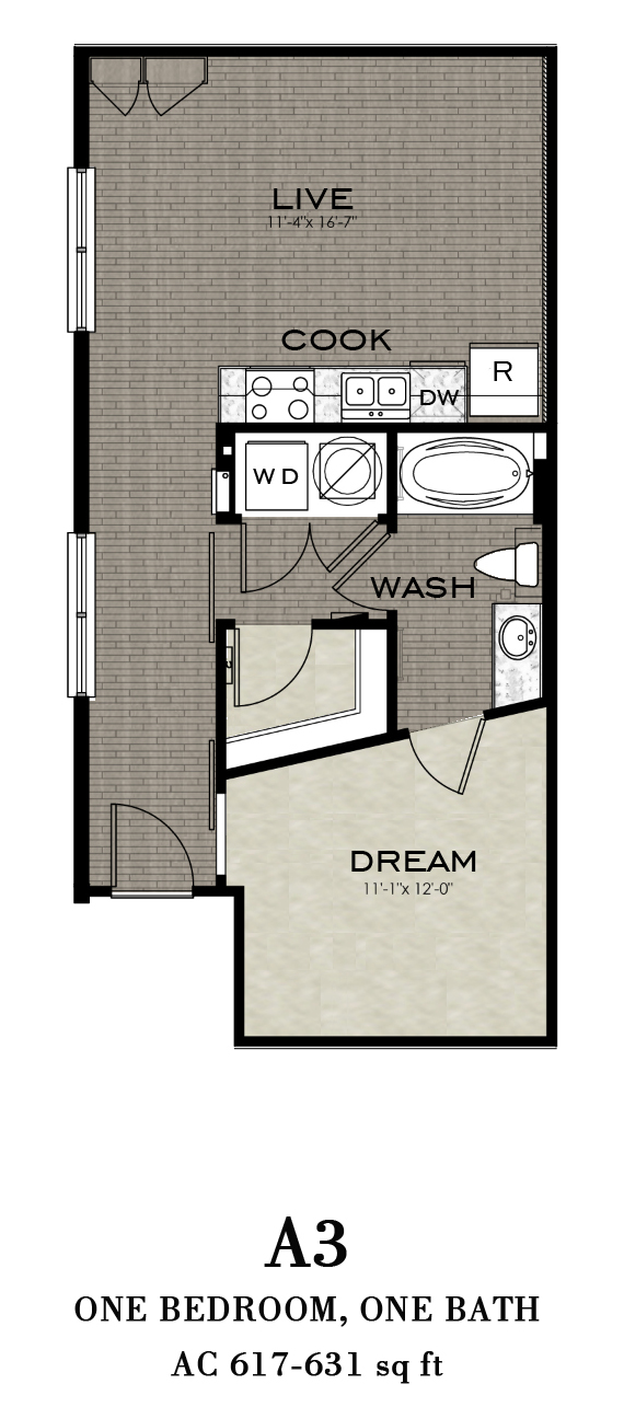 Floor plan for 1 bed, 1 bath, 631 sqft