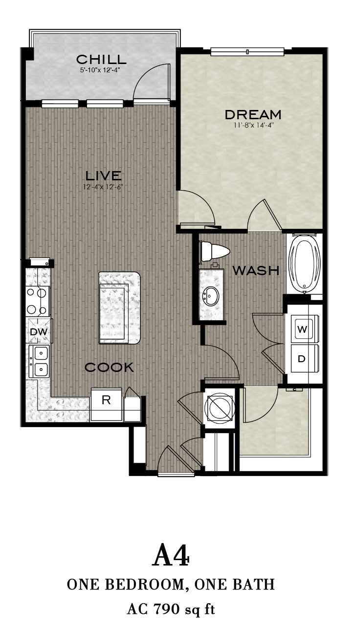 Floor plan for 1 bed, 1 bath, 790 sqft