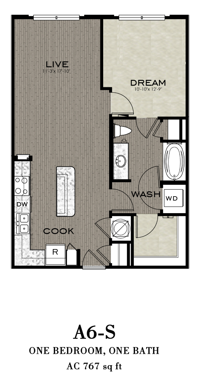 Floor plan for 1 bed, 1 bath, 767 sqft