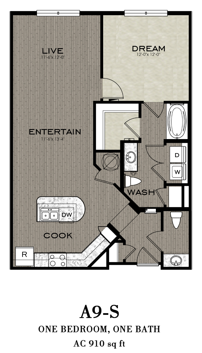 Floor plan for 1 bed, 1 bath, 910 sqft