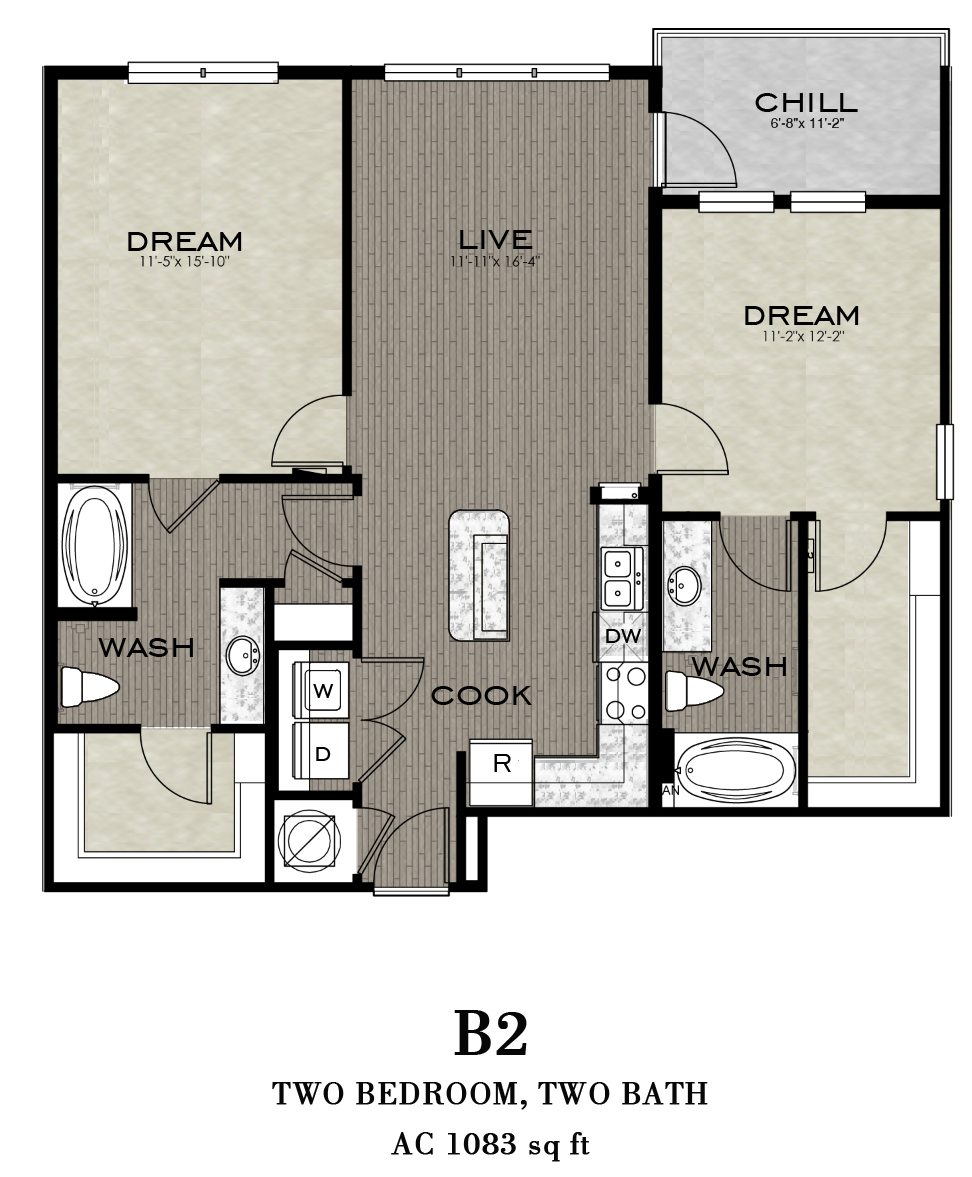 Floor plan for 2 beds, 2 baths, 1083 sqft