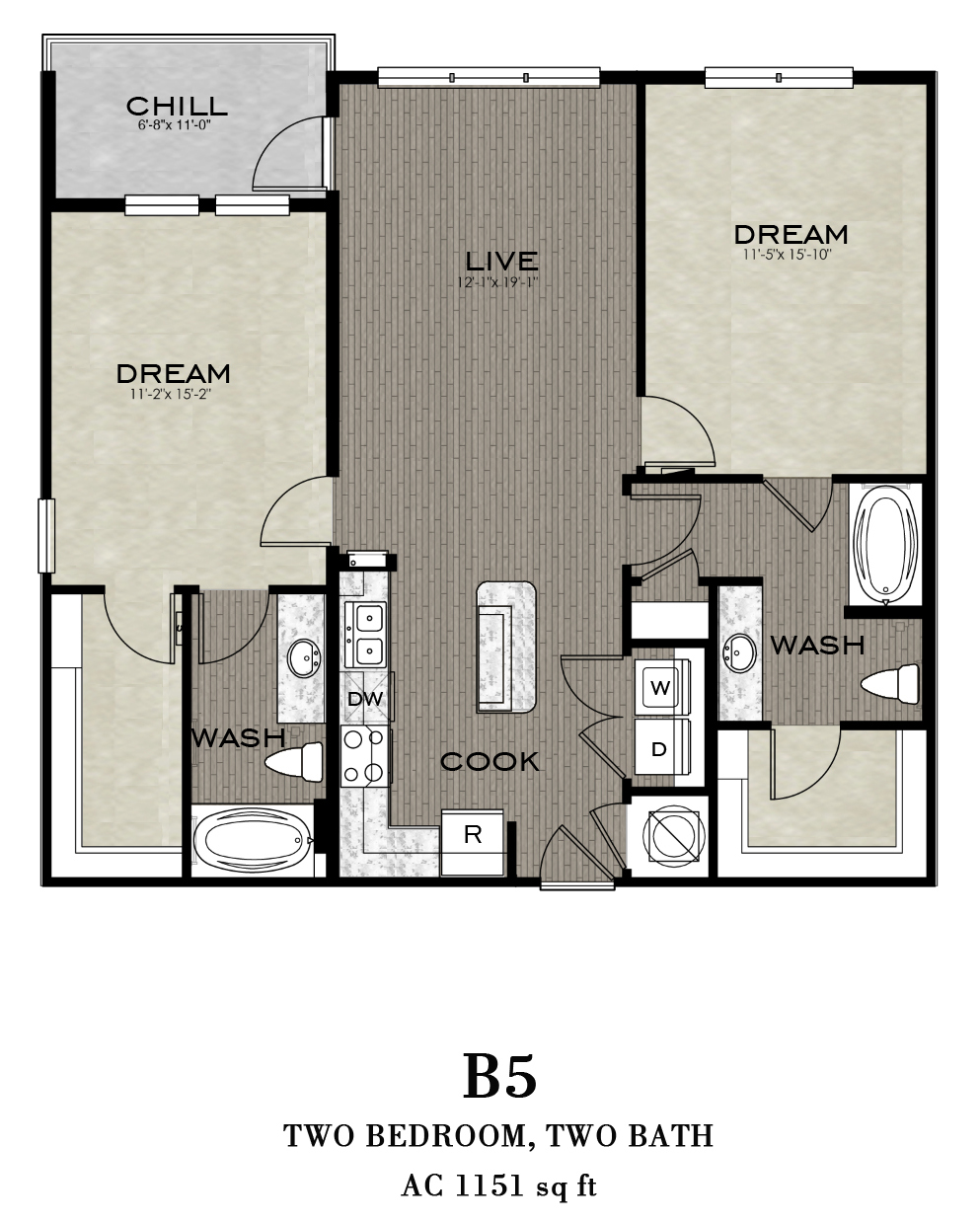 Floor plan for 2 beds, 2 baths, 1151 sqft