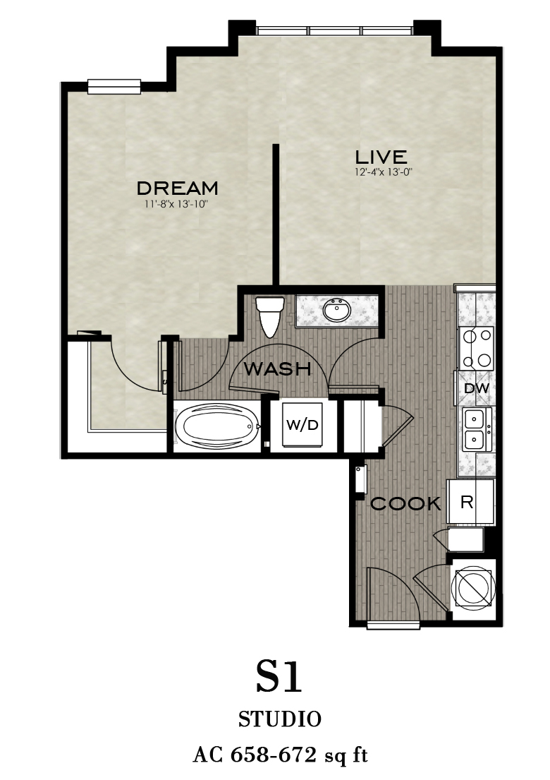 Floor plan for 1 bed, 1 bath, 658 sqft