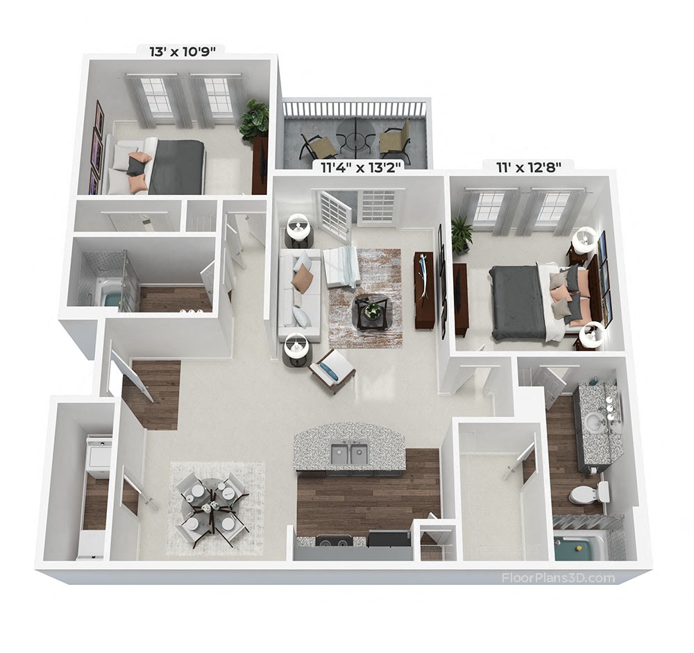Floor plan for 2 beds, 2 baths, 1197 sqft