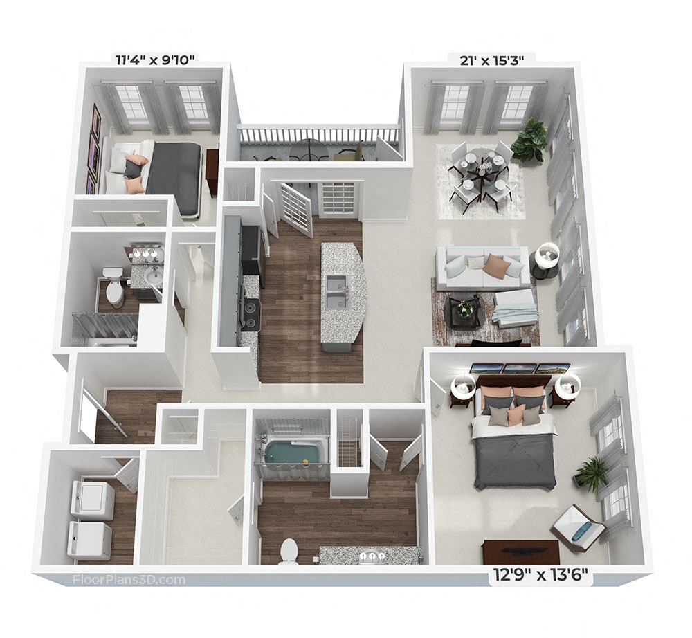 Floor plan for 2 beds, 2 baths, 1286 sqft