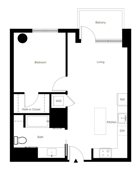 Floor plan for 1 bed, 1 bath, 703 sqft