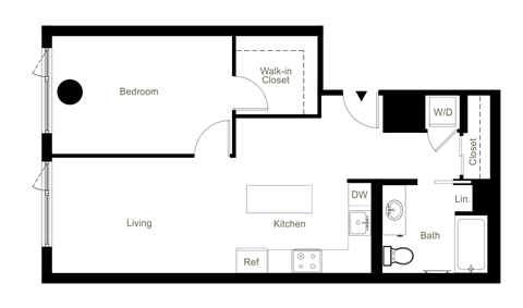Floor plan for 1 bed, 1 bath, 803 sqft