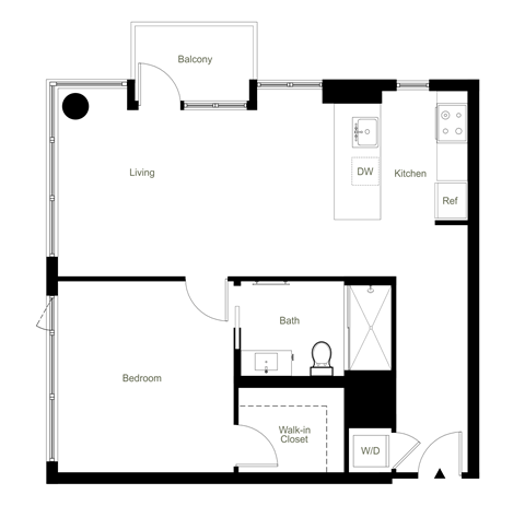 Floor plan for 1 bed, 1 bath, 873 sqft