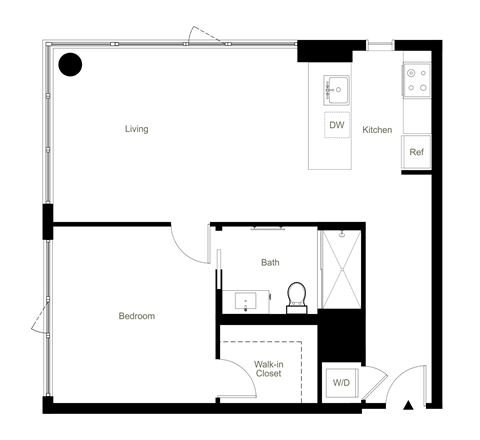 Floor plan for 1 bed, 1 bath, 888 sqft