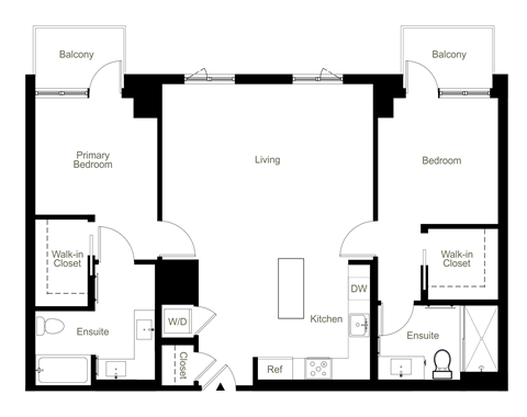 Floor plan for 2 beds, 2 baths, 1286 sqft