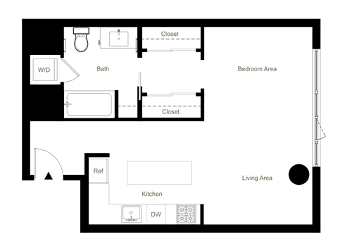 Floor plan for studio, 1 bath, 624 sqft