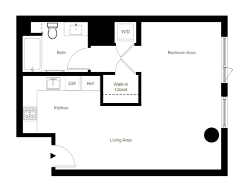 Floor plan for studio, 1 bath, 628 sqft