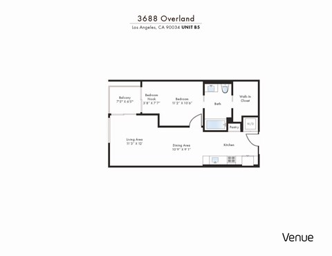 Floor plan for 1 bed, 1 bath, 732 sqft