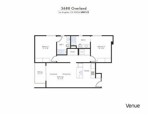 Floor plan for 2 beds, 2 baths, 1055 sqft