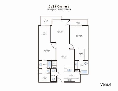 Floor plan for 2 beds, 2.5 baths, 1370 sqft