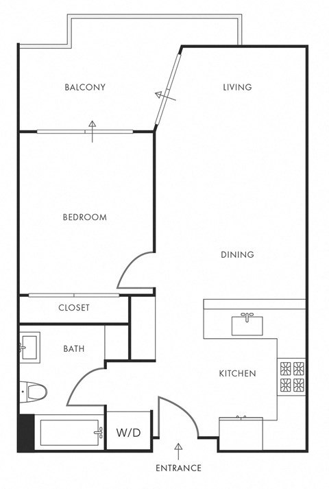 Floor plan for 1 bed, 1 bath, 689 sqft