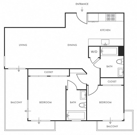 Floor plan for 2 beds, 2 baths, 1037 sqft
