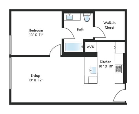 Floor plan for 1 bed, 1 bath, 700 sqft