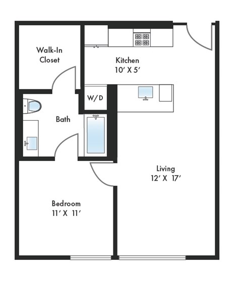 Floor plan for 1 bed, 1 bath, 711 sqft