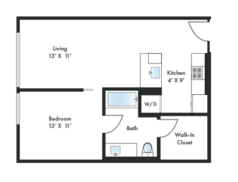 Floor plan for 1 bed, 1 bath, 700 sqft
