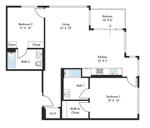 Floor plan for 2 beds, 2 baths, 1164 sqft