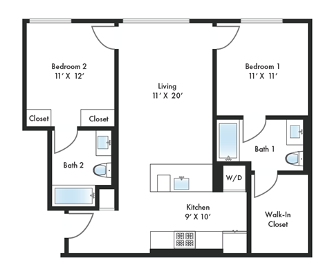 Floor plan for 2 beds, 2 baths, 958 sqft
