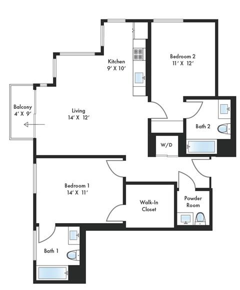 Floor plan for 2 beds, 2.5 baths, 1167 sqft