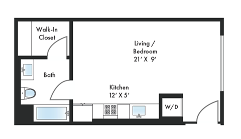 Floor plan for studio, 1 bath, 480 sqft