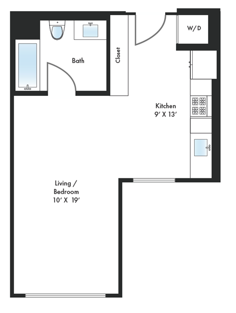 Floor plan for studio, 1 bath, 490 sqft