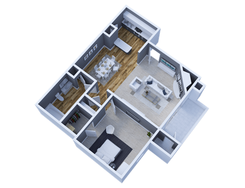 Floor plan for 1 bed, 1 bath, 649 sqft