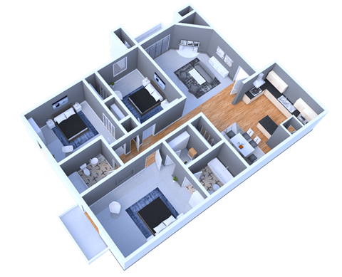 Floor plan for 3 beds, 2 baths, 1000 sqft